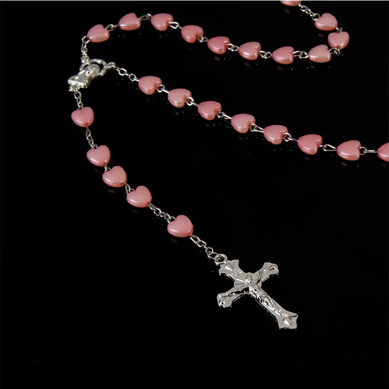 Catholic porcelain white love rosary prayer necklace, Mary blessing rosary prayer necklace, porcelain white heart-shaped beads